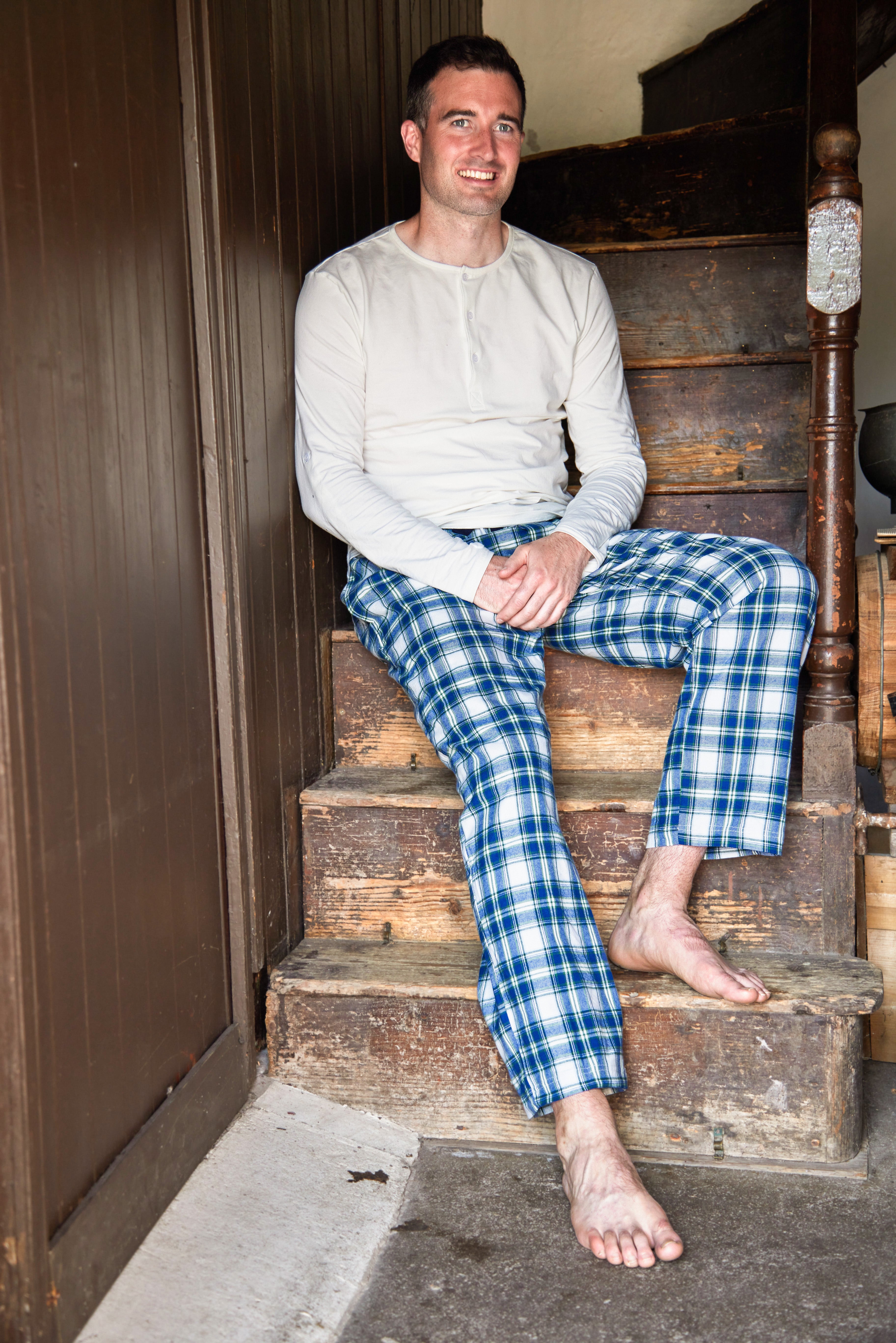 Lee Valley flanelliset pyjamahousut sini-valko-vihreäruutukuosi