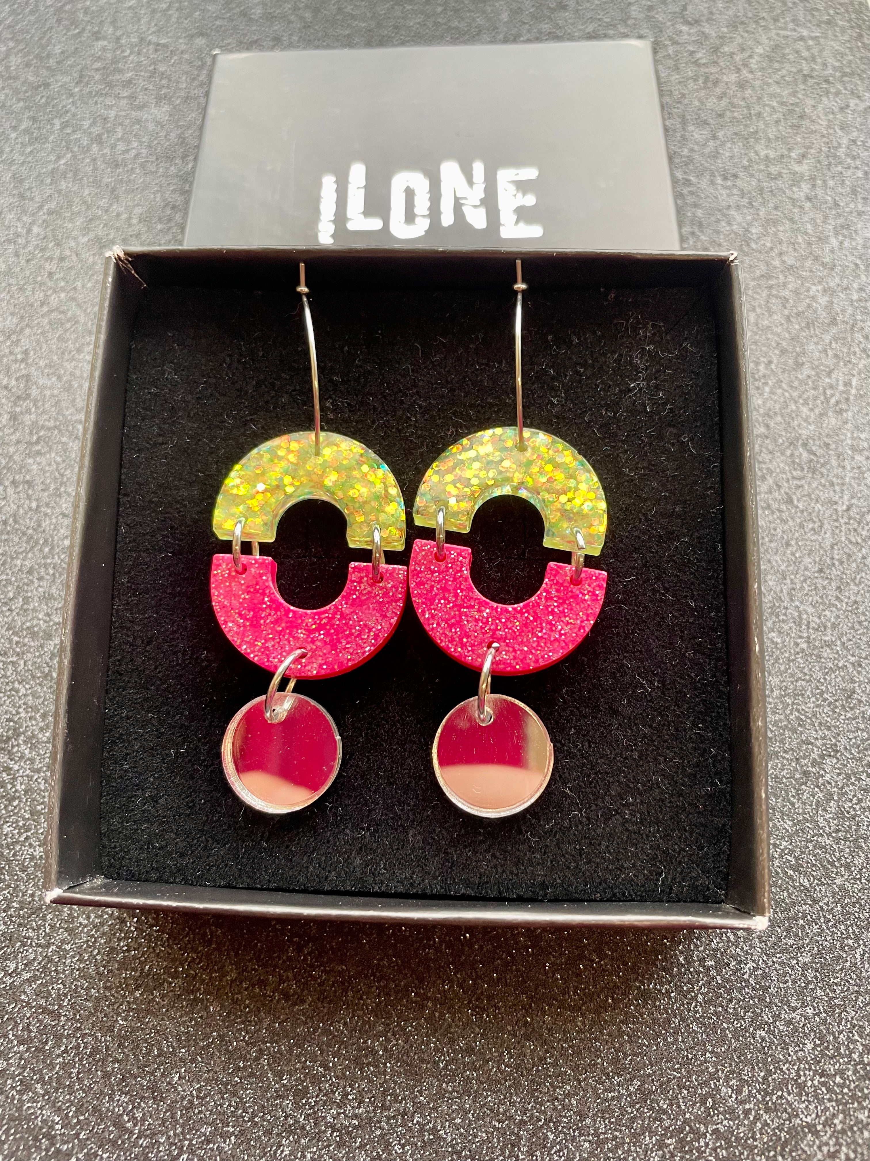 Ilone pinkki-limenvihreät glitterkorvakorut