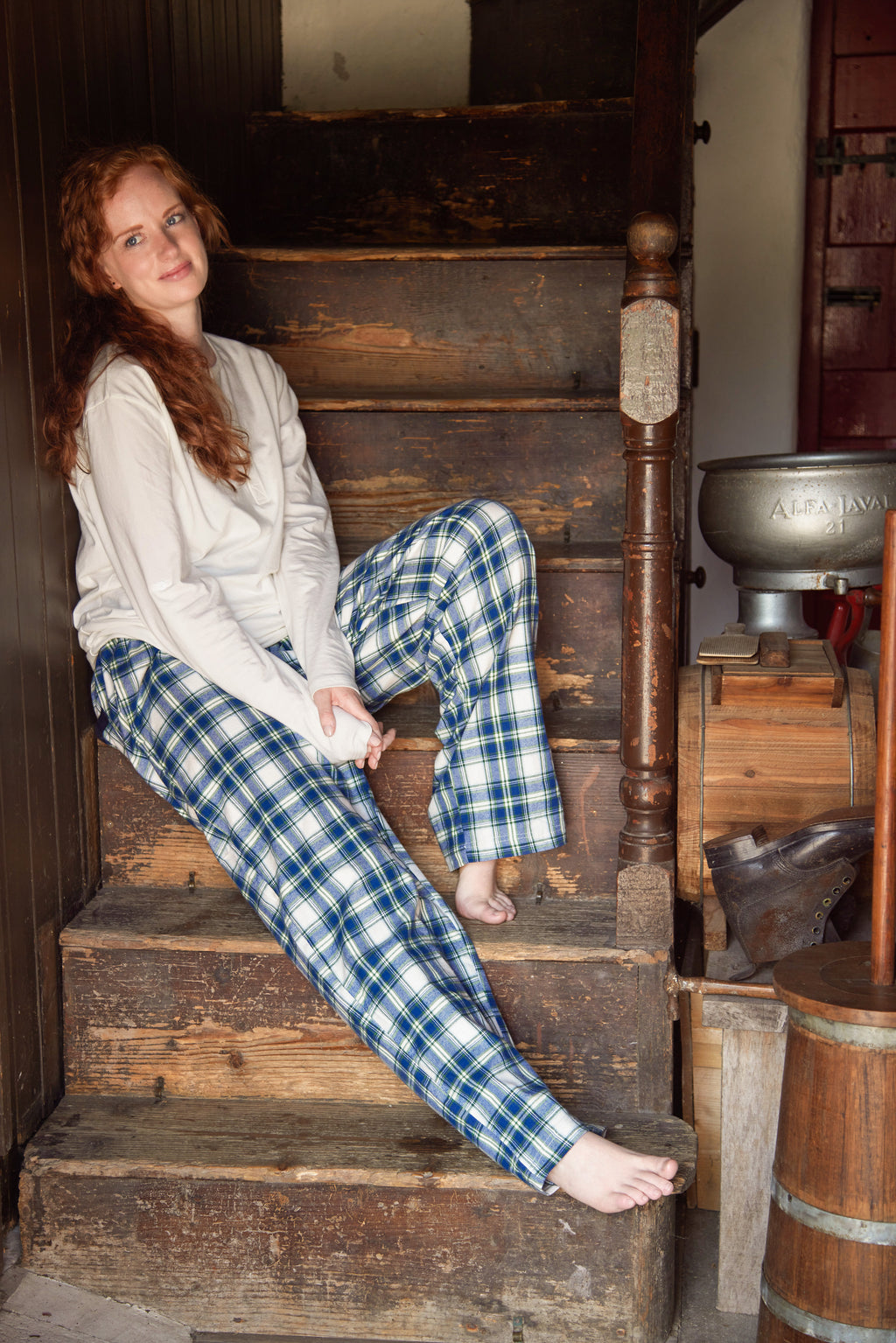 Lee Valley flanelliset pyjamahousut sini-valko-vihreäruutukuosi