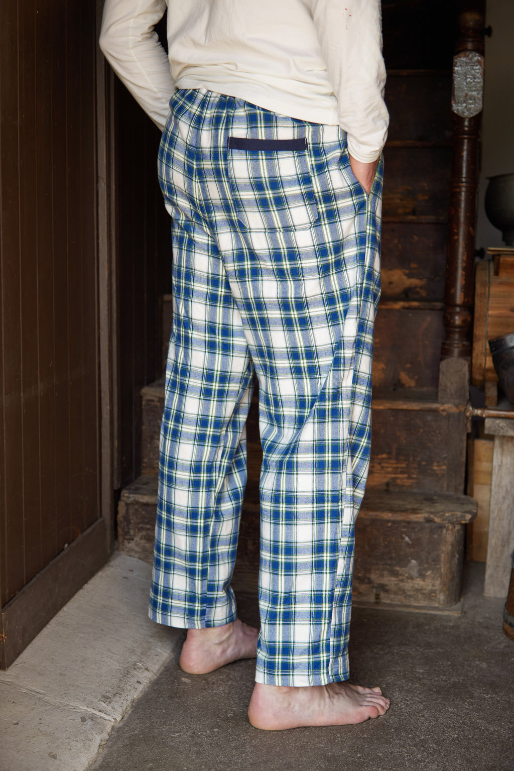 Lee Valley flanelliset pyjamahousut sini-valko-vihreäruutukuosi