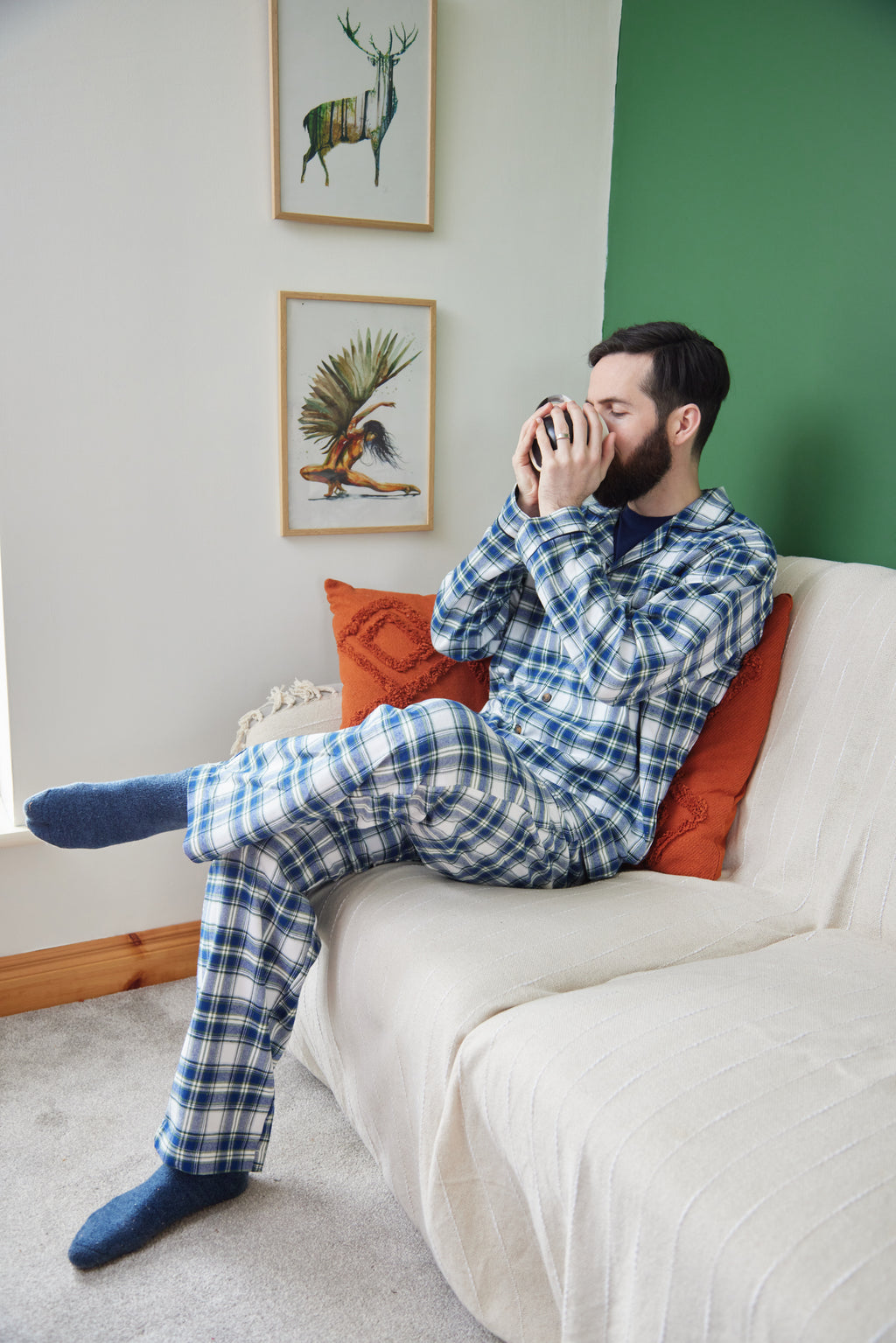 Lee Valley flanellinen pyjama sini-valko- vihreäruudullinen