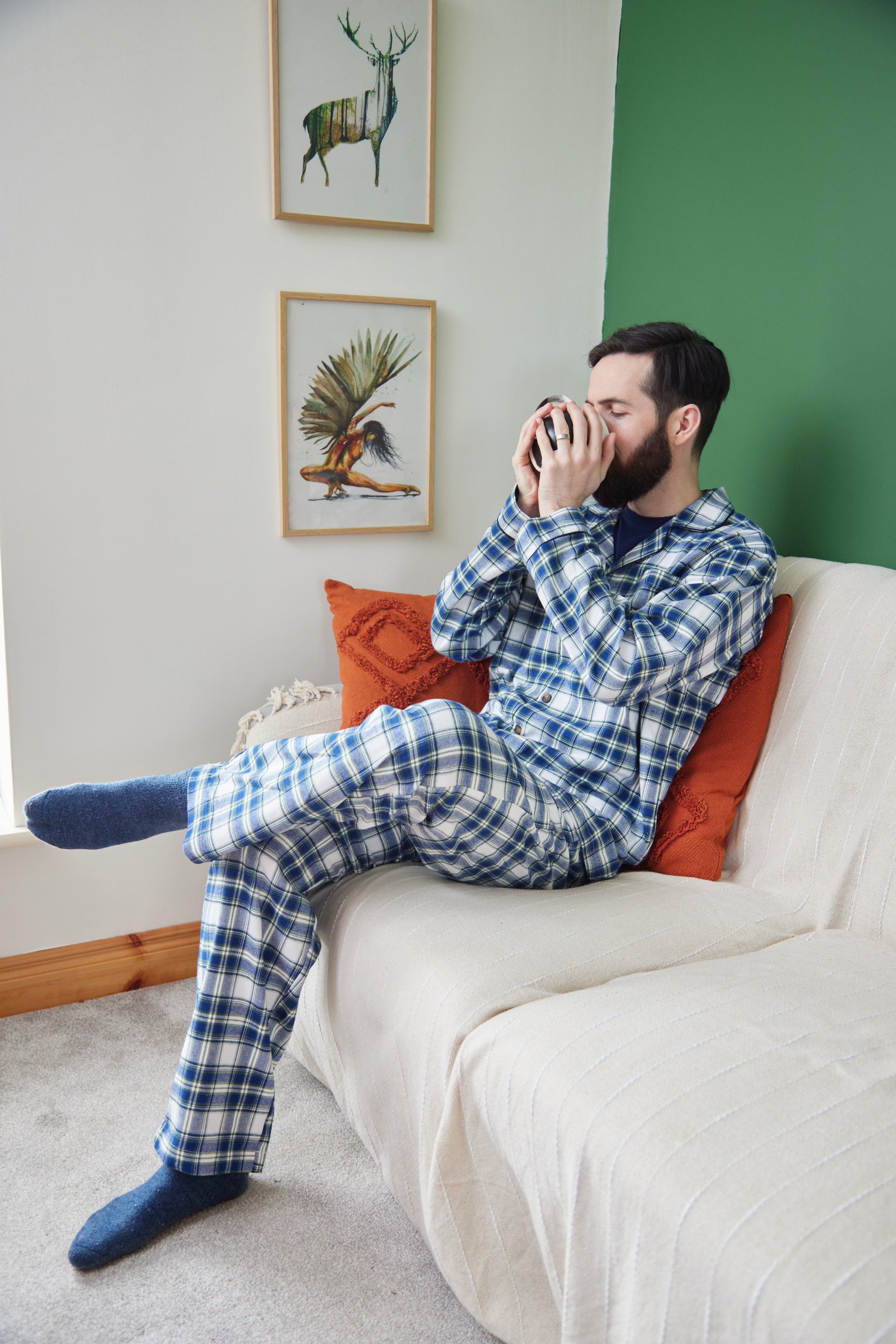 Lee Valley flanellinen pyjama sini-valko- vihreäruudullinen