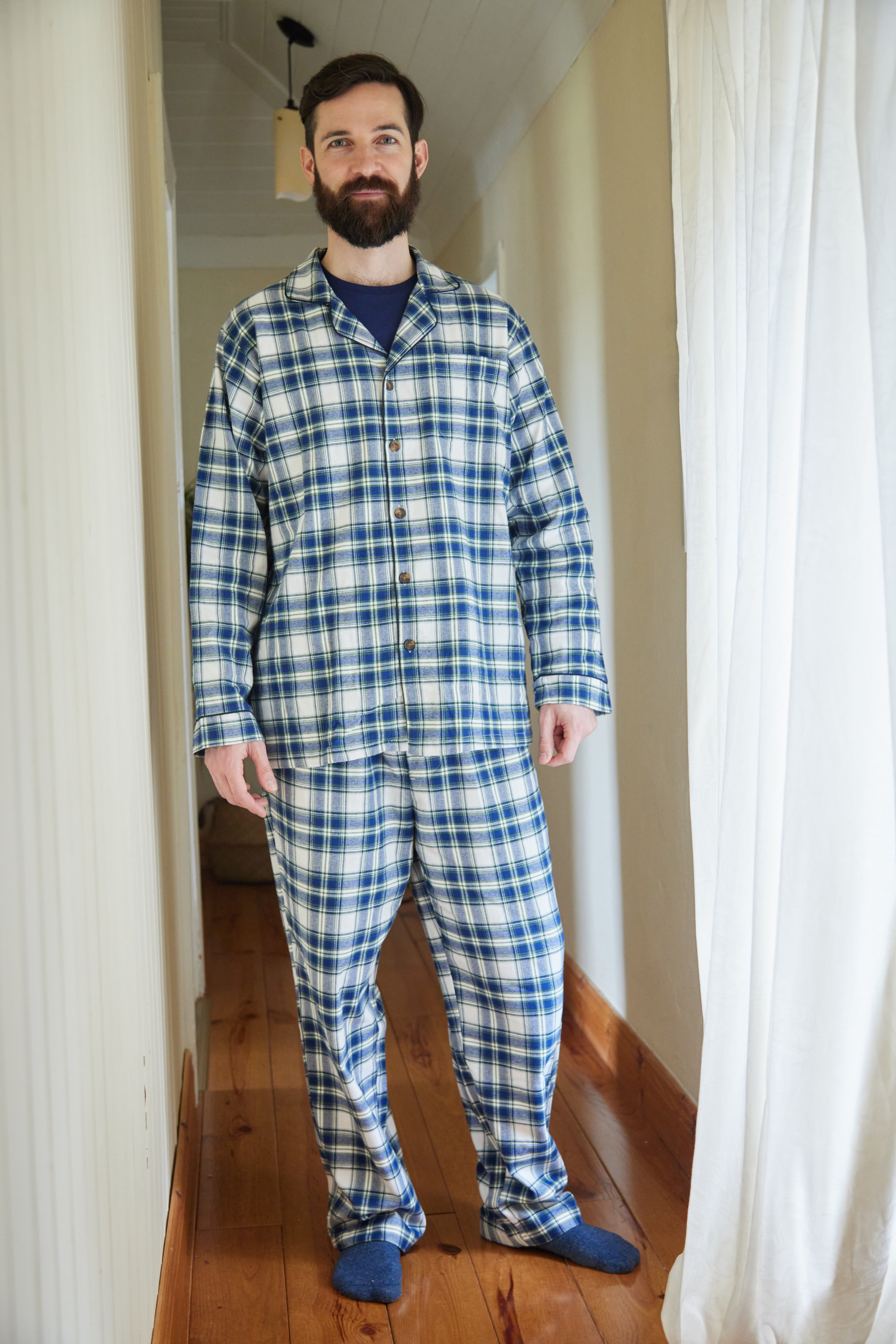 Lee Valley flanellinen pyjama sini-valko- vihreäruudullinen
