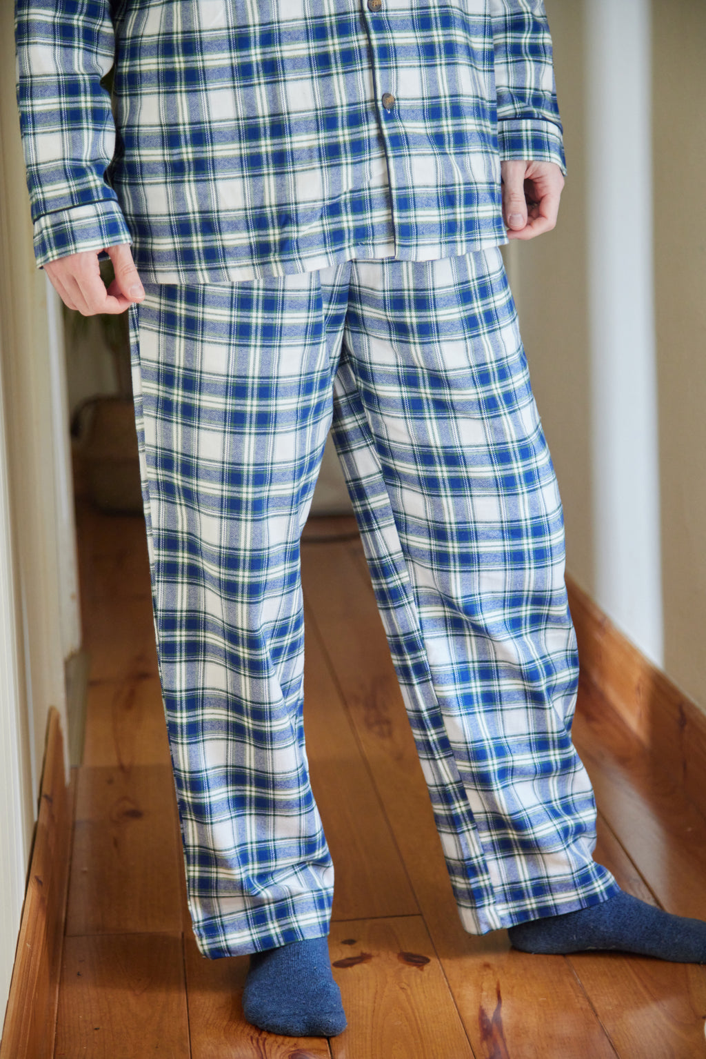Lee Valley flanellinen pyjama sini-valko- vihreäruudullinen