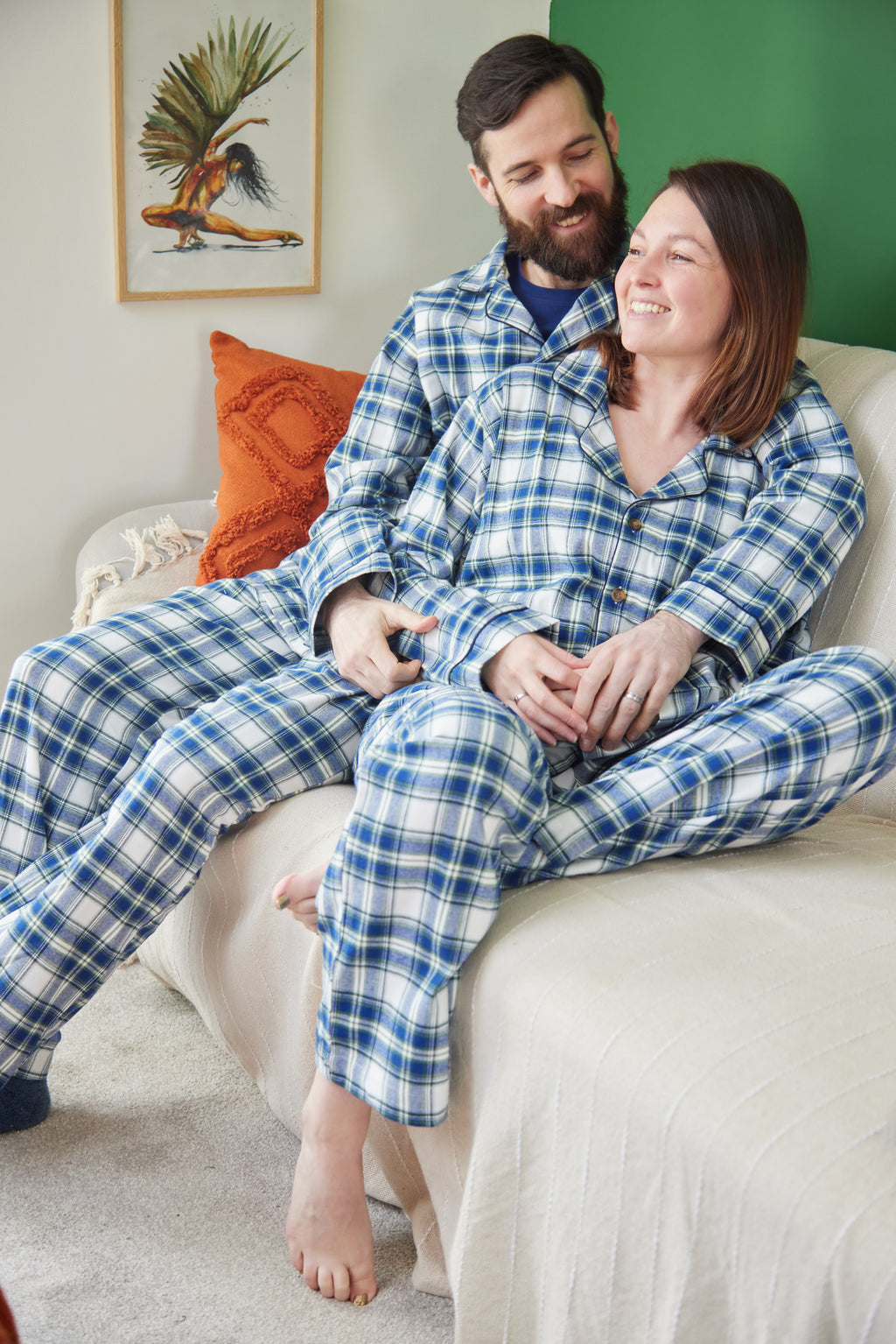 Lee Valley flanellinen pyjama sini-valko- vihreäruudullinen