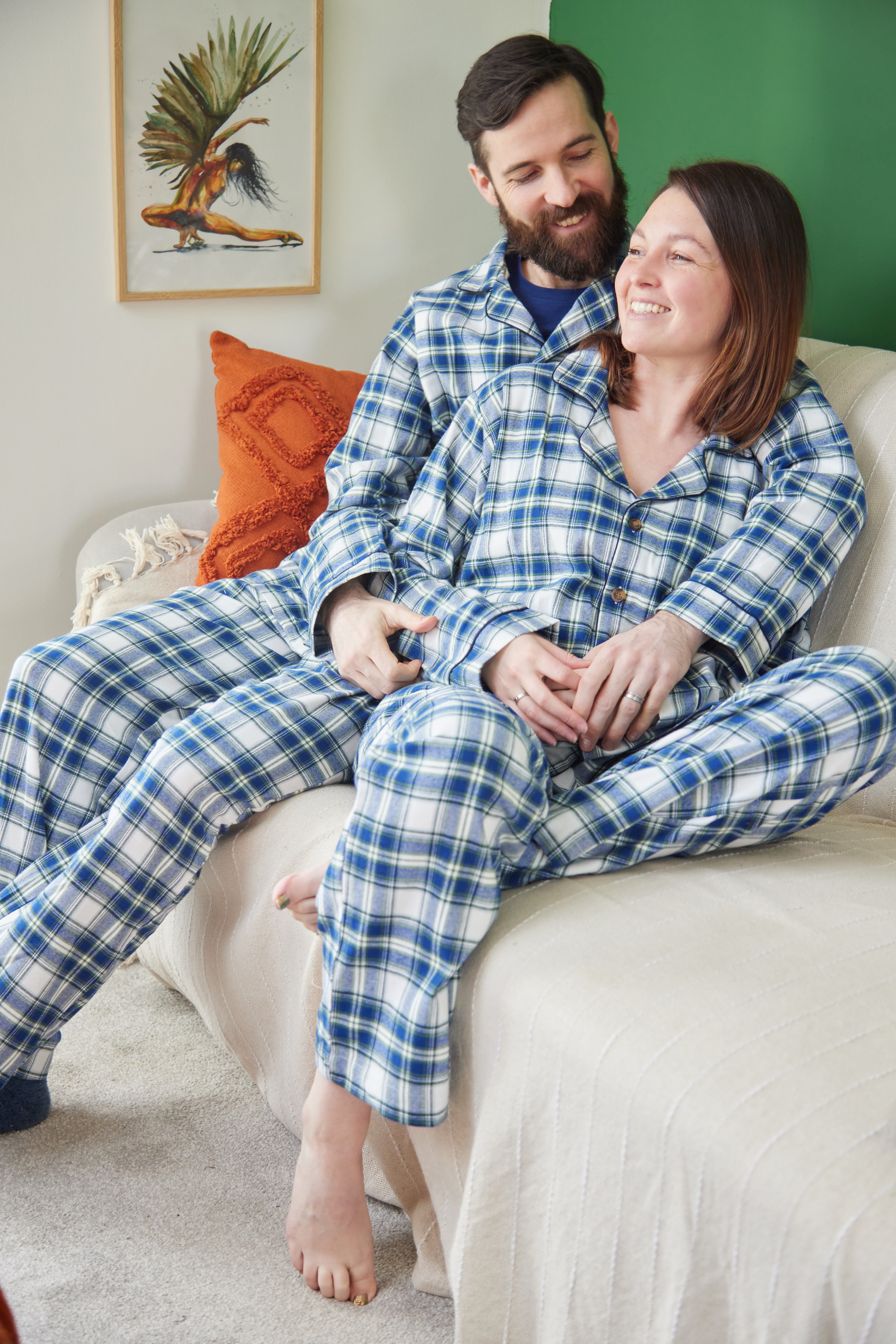 Lee Valley flanellinen pyjama sini-valko- vihreäruudullinen